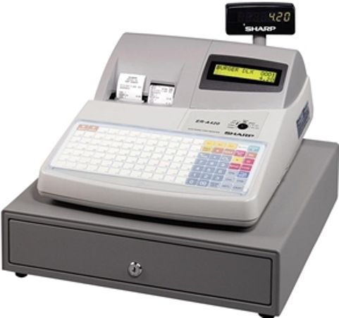 Sharp ER-A420 Cash Register, Flat Keyboard - 119 Keys, Thermal Receipt and Journal printer, 99 Depts - 1500 PLU/UPC codes, Open Guest Checks, Previous Balance Look-up, 3 Menu Levels, UPC learning function, 10 Mix and Match Tables, Bottle Return, 2 price levels, Cash/Check Declaration, Credit Card Interface, Supports; scanner, scales, coin dispenser, 2 line alpha-numeric LCD display, 2 RS232 ports (ER-A420 ER A420 ERA420)