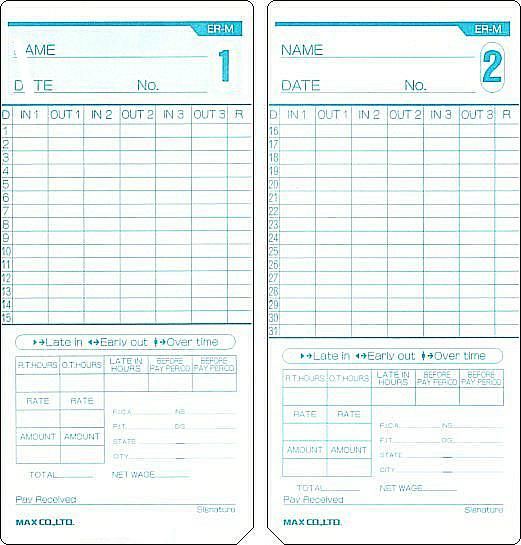 Max ERM Time Cards, Pack of 1000, Fits ER-1100, ER-1500, ER-2200 and ER-2200PC Time Recorder Clocks, Dimensions: 85 x 185 mm Quantity: 1000 per box (MAXERM MAX-ERM MAX ERM ER-M)
