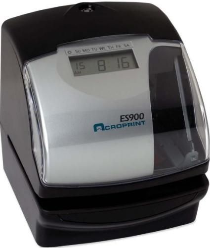 Acroprint 01-0209-000 model ES900 Electronic Payroll Time/Recorder, 120V, Automatic, Date/day, hour or minute, Standard time card, 1-12 AM/PM or 0-23 Hour, Choose minutes, tenths, hundredths, or twentieths, Prints in Seconds, Automatic date, month, year change to 2099, 1 to 8 consecutive numbering, Large easy-to-read LCD display, Black (010209000 01 0209 000 ES-900 ES 900 ACP-ES900 ACRES900)