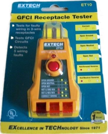 Extech ET10 GFCI Receptacle Tester, Tests GFCI circuits and for faulty wiring in 3-wire receptacles, Lights indicate circuit condition, UPC 793950410103 (ET-10 ET 10)