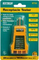 Extech ET15 Receptacle Tester, Tests for faulty wiring in 3-wire receptacles, Detects 5 wiring faults, Lights indicate circuit condition, UPC 793950410158 (ET-15 ET 15) 