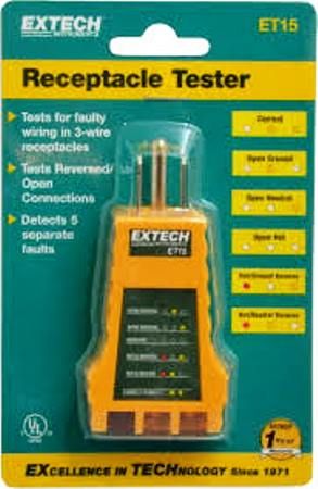 Extech ET15 Receptacle Tester, Tests for faulty wiring in 3-wire receptacles, Detects 5 wiring faults, Lights indicate circuit condition, UPC 793950410158 (ET-15 ET 15)
