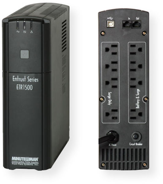 Minuteman ETR1500 Entrust Series 500 VA Line Interactive UPS with 8 Outlets, 900 Watts Power, EMI/RFI filtering, 320 Joules Max. energy dissipation, Switchover time 6ms, Buck/Boost Voltage Regulation, Operating system shutdown software included, Network (RJ-45) protection, USB port, Larger Load Capacities, RoHS Compliant, UPC 784755153081 (ETR-1500 ETR 1500 ET-R1500)