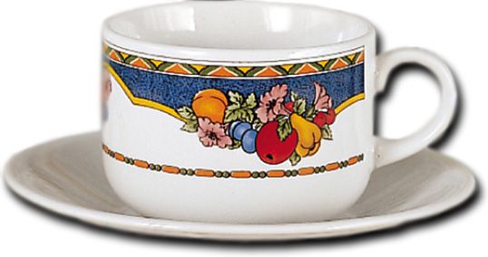European Gift 0154L Harvest Design 20 oz Latte Cups And Saucers, Set Of 2; Latte cups and suacers, 20oz capacity; Harvest, multi color design; 2 cups and suacers per set; Gift Boxed; Made of heavy weight ceramic; This is manufactured in Italy; Dimensions 14