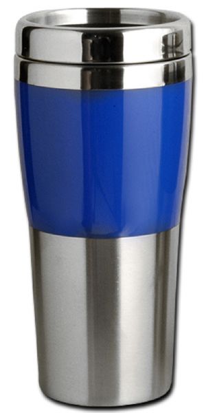 European Gift 321BL Drinking Tumbler, Stainless Steel, 14oz, Blue; Drinking Tumbler; Heavy stainless steel doublewall contruction keeps liquids hot for hours; Contrasting blue plastic grip with press on top; Measures 7.5