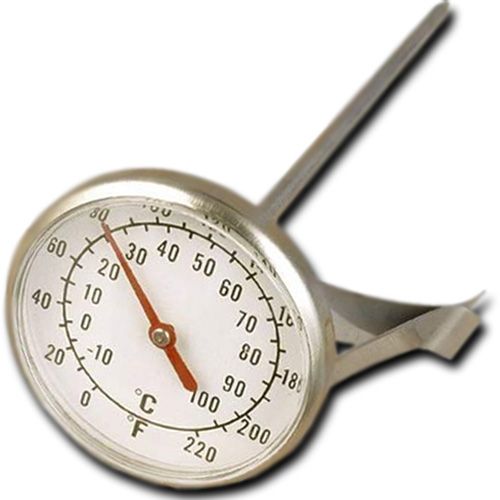 European Gift 365 Stainless Steel Milk Frothing Thermometer; Don't scald your milk anymore; Easliy measure the temperature of your foamed cappuccino or latte easily with our clip on thermometer; 220 degrees fahrenheit maximum reading, stainless shaft with plastic face; Dimensions 7