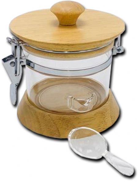 European Gift 5146C Storage Cannister Wood, 1/4 lbs Capacity; Storage canister with scoop; Wood base with lucite body; Easily see when your running low; 1/4 lbs capacity; Seal-tight canister; Perfect storage solution for all types of foods; Acrylic will not stain or crack; Scoop mounted on side; Gift boxed; Dimensions 7