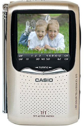 Casio EV-570, 2.5" LCD Hand-Held Color TV, Anti-glare TFT active matrix color screen; 61,380 pixels, UHF/VHF reception, Earphone jack, AV input jack, rod antenna (EV570 EV57 EV-57 EV5 EV)