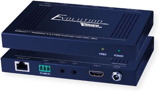 Vanco EVEX4K50 HDBaseT 4K HDR Extender; Black; Features the latest HDBaseT Technology, optimized for whole-home or commercial distribution of high definition signals at much greater distances of standard HDMI cables; Transmission Range: Extends 4Kx2K@60Hz, 4:4:4 with HDR up to 164ft/50m over a single Cat5e/6 cable and 1080p 60Hz up to 230ft/70m; UPC 741835109437 (EVEX4K50 EVEX4K-50 EVEX4K50EXTENDER EVEX4K50-EXTENDER EVEX4K50VANCO EVEX4K50-VANCO) 