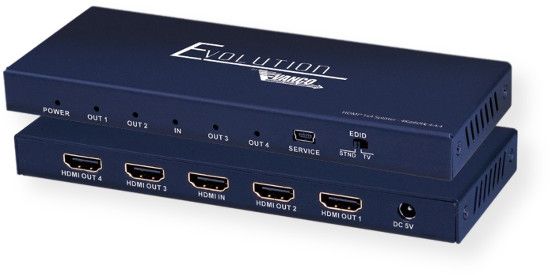 Vanco EVSP4K14  Evolution Premium 4K HDMI 14 Splitter; Black; Transmits audio and video from a single source to 4 HDMI outputs up to 4K2K (2160p) Ultra High Definition resolution without any loss of quality or resolution; Supports video formats up to 4K2K 60 Hertz with 12bit YCBCR 4:4:4 and HDR; 3D frame sequential video format up to 1080p 60; UPC 741835105958 (EVSP4K14 EVSP4K-14 EVSP4K14SPLITTER EVSP4K14-SPLITTER EVSP4K14VANCO EVSP4K14-VANCO) 