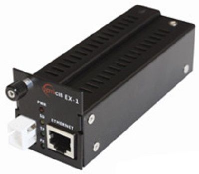 Opticis EX-1 Ethernet Extender; Can be used as a stand-alone type with additional +5V power adapter; Can be fitted into BR-100 up to 8 units; Supports IEEE802.3; Extends up to 12.4 Miles over one SC single-mode fiber; SC connector fiber, RJ45 Ethernet; Power and link status LED; Dimensions 1.57