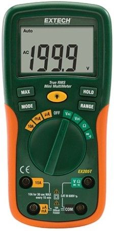Extech EX205T-NIST True RMS Autoranging Digital Multimeter with Certificate of Calibration Traceable to NIST, True RMS for better accuracy when measuring distorted waveforms, 2000 count large backlit dual LCD with easy-to read digits, Low current capability with resolution to 0.1A, Input fuse protection, Max Hold, Data Hold and Auto power off, Complete with test leads and 9V battery (EX205TNIST EX205T NIST EX-205T EX 205T EX205)