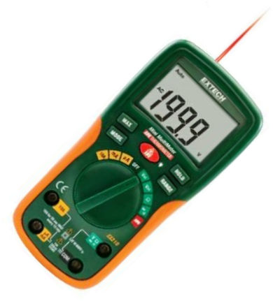 Extech EX210-NISTL Mini Digital MultiMeter + IR Thermometer with Limited NIST, 8 Function, rugged designed; Built-in IR Thermometer with laser pointer for locating hot spots; 4:1 Distance to Target Ratio; AC/DC Voltage, AC/DC Current, Resistance, Temperature (IR), Continuity / Diode; 2000 count large backlit dual LCD with easy-to read digits (EX210NISTL EX210 NISTL EX-210 EX 210)