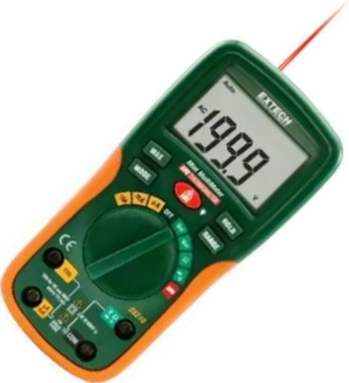Extech EX210-NIST Mini Digital MultiMeter + IR Thermometer with Calibration Traceable to NIST, 8 Function, rugged designed; Built-in IR Thermometer with laser pointer for locating hot spots; 4:1 Distance to Target Ratio; AC/DC Voltage, AC/DC Current, Resistance, Temperature (IR), Continuity / Diode; 2000 count large backlit dual LCD with easy-to read digits (EX210NIST EX210 NIST EX-210 EX 210)