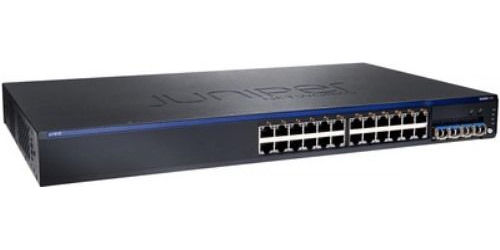 Juniper Networks EX2200-24P-4G Certified Pre-Owned 24-Port Ethernet Switch, 4 x Gigabit Ethernet Expansion Slot, 512 MB Standard Memory, 1 GB Flash Memory, Data Rate 56 Gbps, Throughput 42 Mpps (wire speed), Junos Operating System, sFlow Traffic Monitoring, 8 QoS Queues/Port, 16000 MAC Addresses, 9216 Bytes Jumbo Frames, UPC 832938043336 (EX220024P4G EX220024P-4G EX2200-24P4G)
