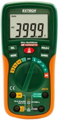 Extech EX230 Mini Digital MultiMeter with IR Thermometer; 12 Function; 4000 count large backlit dual LCD with easy-to read digits; Built-in IR Thermometer with laser pointer for locating hot spots; 6:1 Distance to Target Ratio; AC/DC Voltage, AC/DC Current, Resistance, Capacitance, Frequency, Temperature (Type K + IR), Duty Cycle, Continuity/Diode; UPC 793950392300 (EX-230 EX 230)