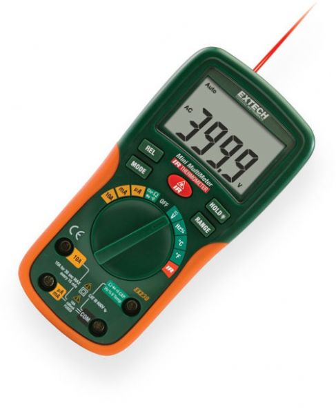 Extech EX230-NISTL Mini Digital MultiMeter with IR Thermometer and Limited NIST Certificate; 12 Function; 4000 count large backlit dual LCD with easy-to read digits; Built-in IR Thermometer with laser pointer for locating hot spots; 6:1 Distance to Target Ratio; AC/DC Voltage, AC/DC Current, Resistance, Capacitance, Frequency, Temperature (Type K + IR), Duty Cycle, Continuity/Diode (EX230NISTL EX230 NISTL EX-230 EX 230)