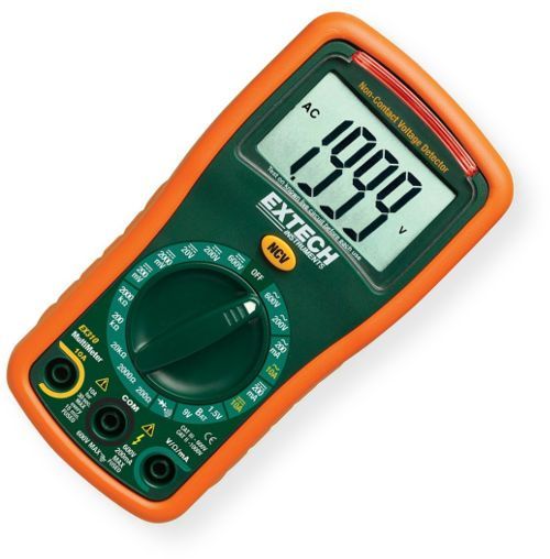 Extech EX310-NIST Mini MultiMeter 9 Function With Non Contact Voltage Detector; NIST compliance; Manual ranging DMM with 9 functions and 0.5 percent basic accuracy; AC DC Voltage and Current, Resistance, Diode Continuity; Built in non contact AC voltage detector NCV with red LED indicator and audible beeper; UPC 793950393116 (EX310NIST EX310-NIST MULTIMETER-EX310NIST EXTECHEX310NIST EXTECH-EX310NIST EXTECH-EX310-NIST)