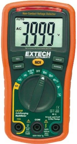 Extech EX320 Mini Autoranging MultiMeter + Voltage Detector, 0.5% basic accuracy, Built-in non-contact AC Voltage Detector with red LED indicator and audible beeper, Autoranging, 2000 count, Max Hold, Data Hold, Auto Power Off, Low battery indicator, Complete with stand, test leads, protective holster, and two AAA batteries, UPC 793950393208 (EX-320 EX 320)