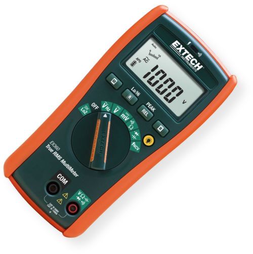 Extech EX360 True RMS 8 Function Multimeter; Ideal for Electrical application; True RMS for accurate AC measurements; 6000 count white LED backlit display; Functions include NCV, AC DC Voltage, Resistance, Capacitance, Frequency, Diode Test, Continuity; Fast 60 segment Analog Bargraph for viewing trends; UPC 793950393604 (EX360 EX-360 MULTIMETER-EX360 EXTECHEX360 EXTECH-EX360 EXTECH-EX-360)