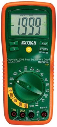 Extech EX410 Manual Range DMM MultiMeter, 2000 Counts Backlit, Type K thermometer built-in for surface or air temperature measurements, Input fuse protection and mis-connection warnings with audible and visible signals, Data hold freezes display reading, UPC 793950384107 (EX-410 EX 410)