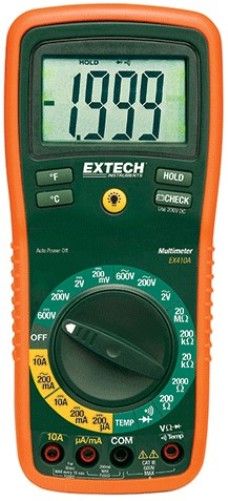 Extech EX410A Eight-Function True RMS Professional MultiMeter; Large-digit Backlit LCD; Averaging DMM with 8 Functions and 0.5% Basic Accuracy; AC/DC Voltage & Current, Resistance, Temperature, Diode/Continuity; Input Fuse Protection and Mis-connection Warning; 10A max Current; Type K Temperature Measurements; UPC 793950384138 (EX-410A EX 410A EX410)