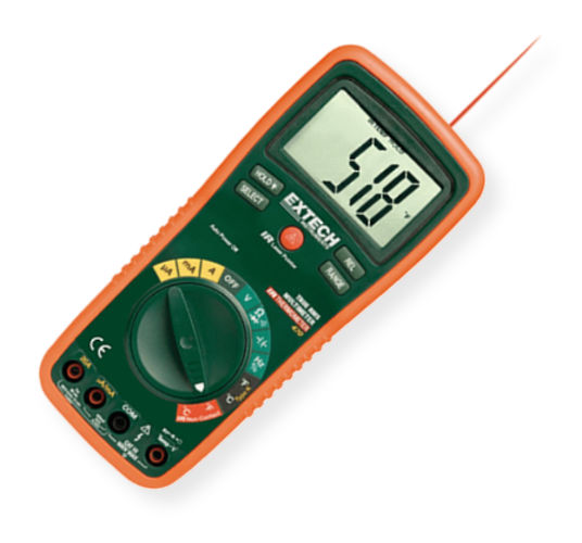 Extech EX470 MultiMeter Built-in Non-contact IR Laser Thermometer, Low current capability  measure down to 0.1A, Audible and visual input alerts, Easy to read 1 inch digits on backlit display, 4000 Counts Backlit, MAX Hold for AC/DC Voltage and Current measurements and RELATIVE function, UPC 793950384701 (EX 470 EX-470)