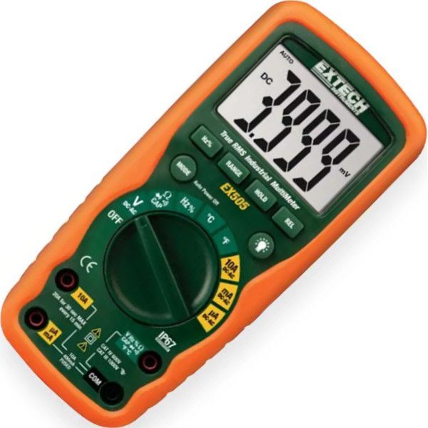 Extech EX505-NIST True RMS Industrial MultiMeter (4000 count) with NIST Certificate; Accuracy 0.5 percent,;Data Hold and Relative; 10A max current; 1000V input protection on all functions; Dual sensitivity frequency functions; Dimensions 7.25