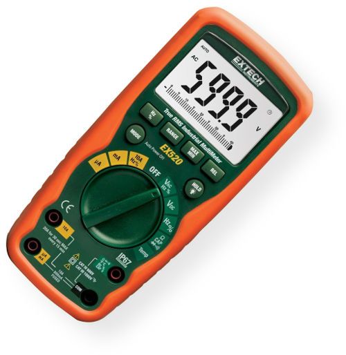 Extech EX520 True RMS Industrial MultiMeter (6000 count), Peak Hold, Type K Temperature, Capacitance, Double molded for waterproof (IP67) protection, 1000V input protection on all functions, Rugged design  drop proof to 6 feet, Dual sensitivity frequency functions, Large backlit LCD with bargraph, UPC 793950395202 (EX 520 EX-520)