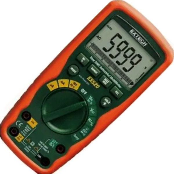 Extech EX520-NIST True RMS Industrial MultiMeter (6000 count) with NIST Certificate; True RMS; 6000 count; Peak Hold; Type K Temperature; Capacitance; Double molded for waterproof (IP67) protection; Rugged design  drop proof to 6 feet; 1000V input protection on all functions; Dual sensitivity frequency functions; Large backlit LCD with bargraph; UPC: 793950395219 (EXTECHEX520NIST EXTECH EX520-NIST RMS INDUSTRIAL MULTIMETER)