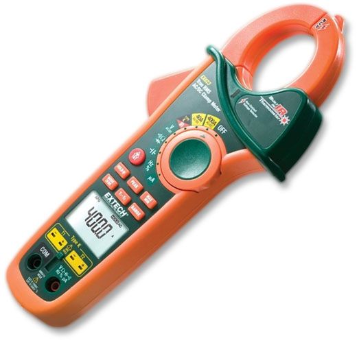 Extech EX623 Dual 400A Input Clamp Meter + IR Thermometer + NCV; True RMS measurements for accurate AC Voltage and Current measurements; Dual type K thermocouple input with Differential Temperature function (T1, T2, T1-T2); Built-in non-contact Voltage detector with LED alert; Measures motor capacitors to 40000uF, DC uA multimeter function for HVAC flame rod Current measurements; UPC: 793950376232 (EXTECHEX623 EXTECH EX623 INPUT CLAMP THERMOMETER NCV)