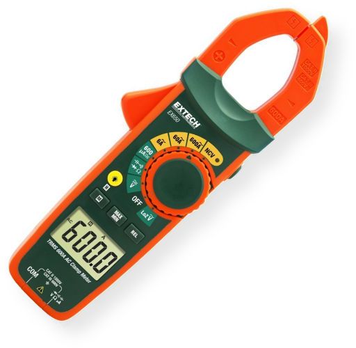 Extech EX650-NIST True RMS 600A AC Clamp Meter With NIST Certificate; True RMS for accurate AC measurements; 1.18in. jaw size accomodates conductors up to 350 MCM; 6000 count backlit LCD display; Low Impedance LoZ prevents false reading caused by ghost voltages; Built in non contact voltage detector NCV with LED indicator; Built in LED flashlight for working in dimly lit areas; UPC: 793950396513 (EXTECHEX650NIST EXTECH EX650NIST NIST CLAMP)