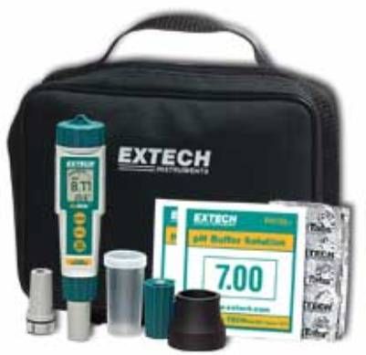 Extech EX800 ExStik 3-in-1 Kit (pH, Chlorine, Temperature); Flat surface electrodes work in liquids, semi-solids and solids; Memory stores and recalls 15 readings and saves last calibrated value; Data validation indicators show user the reading is stabilized; Large 3.5 digit (2000 count) Digital display with bar graph (pH bar graph originates at neutral point 7.00pH; UPC 793950398005 (EXTECHEX800  EXTECH EX800 KIT)