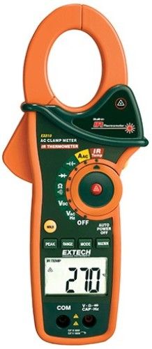 Extech EX810 AC Clamp Meter with Built-in Non-contact InfraRed Thermometer; 4000 Count Backlit Display; Non-contact InfraRed Temperature Measurements with Laser Pointer; Peak Hold Captures Inrush Currents and Transients; MultiMeter Functions Include AC/DC Voltage, AC Current, Resistance, Capacitance, Frequency, Diode, and Continuity; UPC 793950398104 (EX-810 EX 810)