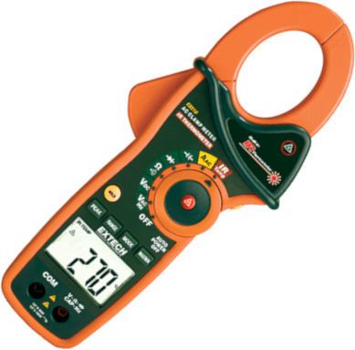 Extech EX810 AC 1000A Clamp/DMM+IR Thermometer, AC Current, Average responding, Non-contact InfraRed Temperature measurements with laser pointer, Peak hold captures inrush currents and Transients, MultiMeter functions include AC/DC Voltage, Resistance, Capacitance, Frequency, Diode, and Continuity, UPC 793950398104 (EX 810 EX-810)