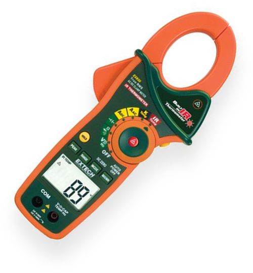 Extech EX830 True RMS Clamp/DMM+IR Thermometer 1000A AC/DC; True RMS; Type K thermometer; DC Zero; Non-contact InfraRed Temperature measurements with laser pointer; Models with True RMS Current and Voltage measurements; Peak hold captures inrush currents and Transients; MultiMeter functions include AC/DC Voltage, Resistance, Capacitance, Frequency, Diode, and Continuity; UPC: 793950398302 (EXTECHEX830 EXTECH EX830 RMS THERMOMETER)