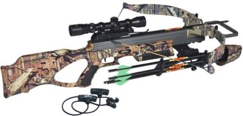Excalibur 3300 Matrix 330 Ultra Compact Crossbow, Mossy Oak Break-Up Infinity; Includes: Vari-Zone scope, scope mount and 1-inch rings, rope-cocking aid, four-arrow quiver with bracket, and four Diablo arrows with 150-grain field points; 350 FPS Velocity, 220 lbs. Draw Weight, 11.37