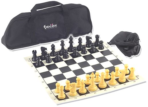 Excalibur EXCALIBUR756 Chess Kit, Travel Kit, Vinyl Board Large, triple-weighted official chess pieces that prevent tip-overs, Sturdy, tournament-quality, wipe-clean vinyl chessboard that features 2