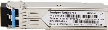 Juniper Networks EX-SFP-1GE-LX SPF+ Transceiver Module For use with EX 8200 series switches, 10 Gbps Rate, LC Connector, 1310 nm Transmitter wavelength, –9.5 dBm Minimum launch power, –3 dBm Maximum launch power, –25 dBm Minimum receiver sensitivity, –3 dBm Maximum input power, SMF Fiber, 9 µm Core/Cladding size, 10 km (6.2 miles) Distance (EXSFP1GELX EXSFP-1GELX EX-SFP1GE-LX EX-SFP-1GE) 