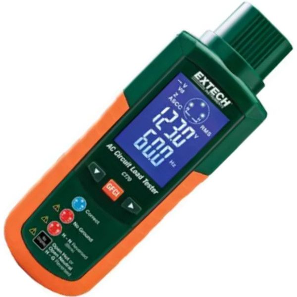 Extech CT70 AC Circuit Load Tester; Selectable loads of 12, 15, and 20 A; Measures loaded and unloaded AC line voltage; Calculates and displays percentage voltage drop and line impedance; Displays peak line voltage and frequency; Neutral to ground voltage; Hot, neutral and ground impedance; GFCI trip time and trip current; Open or reversed wiring; UPC: 793950000700 (EXTECHCT70 EXTECH CT70 CIRCUIT TESTER)