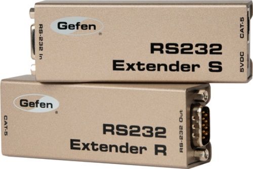 Gefen EXT-RS232 Model RS232 Extender, Extends any RS-232 compliant device up to 1000 feet (300 meters) from the computer, Supports the full 9-pin RS-232 standard with a maximum data transfer rate of 115200 baud, Perfect for digital signage applications, Only one CAT-5e cable required for extension, UPC 845344000015 (EXTRS232 EXT RS232)