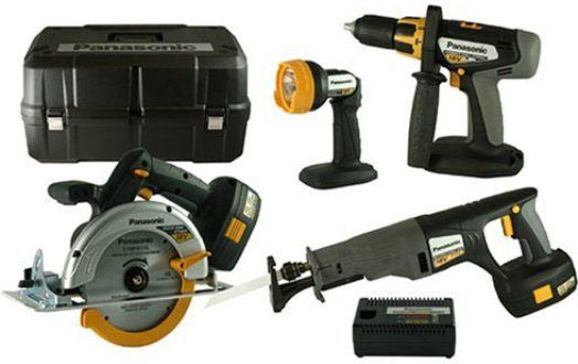 Panasonic EYC155GQW Four Piece Hammer Drill, Circular Saw, Recip. Saw, and Flashlight Combo Kit, Bevel cut 0 to 45Wrap-around Blade Guard to reduce chip splash, 15-stage clutch plus drill position, 2-finger trigger switch for fitting into the tightest spots, Approximately 4,000 Flashlight Lux Brightness (EYC 155GQW EYC-155GQW)