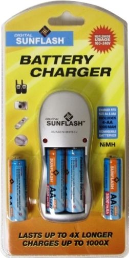 Digital Sunflash EZ-3000 Battery Charger, Lasts up to 4x Longer, Charges up to 1000x, Recharges 2 or 4 pieces high capacity AA or AAA Ni-Mh batteries at a time, Foldable Wall Plug-in, Universal voltage 100-240volts, Includes 4 AA 3000mAh Ni-MH Rechargeable Batteries (EZ3000 EZ 3000)