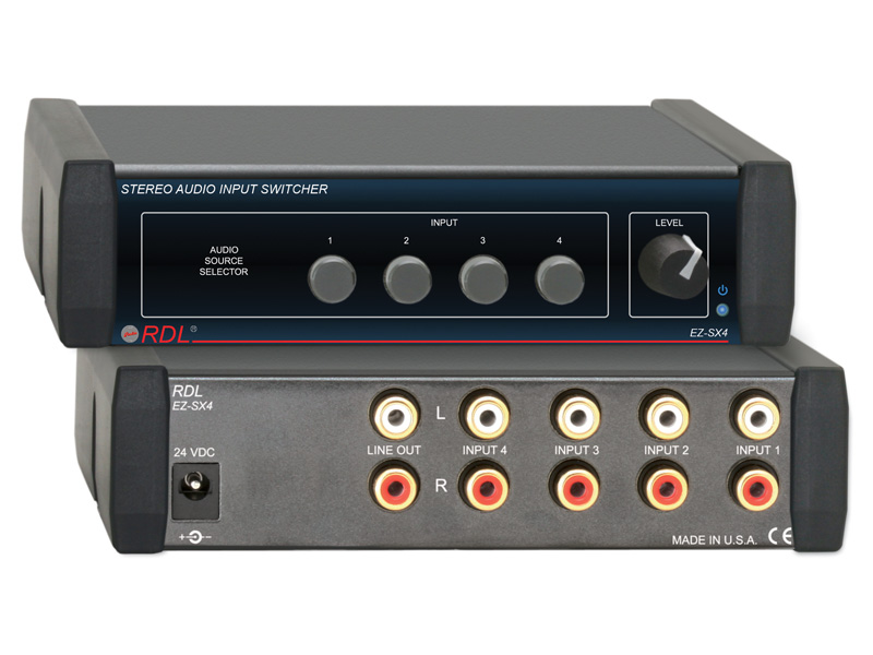 Radio Design Labs EZ-SX4 Stereo Audio Input Switcher - 4X1; Four Input Source Selection; Unbalanced Stereo Audio Inputs and Output; Inputs and Line Output on Rear-Panel RCA Jacks; Line Output Level Controlled by Front-Panel Knob; Inputs: Stereo on dual RCA jacks, > 10k ohms, -10dBV nominal, +10dBV max; Outputs: Stereo on dual RCA jacks, > 10k ohms, -10dBV nominal, +10dBV max; Level Control: Off to +12dB gain; Frequency Response: 10Hz to 20kHz (+/- 0.01dB) (EZSX4 EZ-SX4 EZ-SX4)