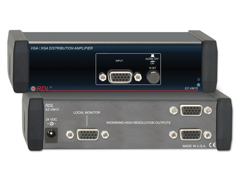 Radio Design Labs EZ-VM13 VGA/XGA Distribution Amplifier - 1x3, Input and Three Outputs on HD15 Female Connectors, Wide RGB Bandwidth > 360 MHz Loaded, High Resolution Compatibility VGA through QXGA, Reliable Full-Size Front-Panel Switch for ID Bit Selection, Gain: Unity, Video Bandwidth: > 360 MHz, Video Impedance: 75: (Input and output), Dimensions: 5.75 x 3