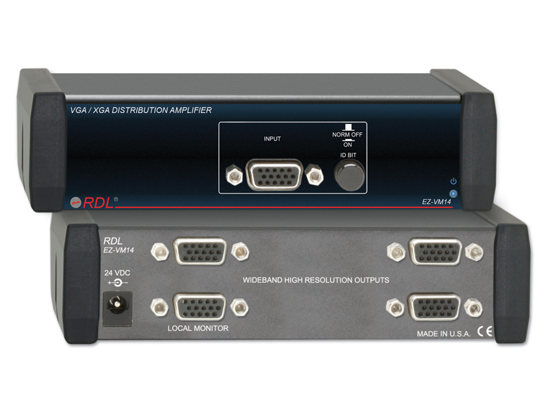 Radio Design Labs RDL-EZVM14 VGA/XGA Distribution Amplifier - 1x4, Input and Four Outputs on HD15 Female Connectors, Wide RGB Bandwidth > 360 MHz Loaded, High Resolution Compatibility VGA through QXGA, Reliable Full-Size Front-Panel Switch for ID Bit Selection, Gain: Unity, Video Bandwidth: > 360 MHz, Video Impedance: 75: (Input and output), Dimensions: 5.75 x 3