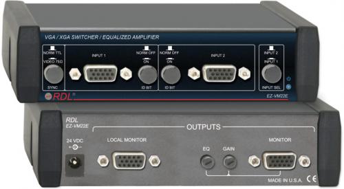 Radio Design Labs EZ-VM22E VGA/XGA Switcher/Equalized Amplifier - 2 Inputs, 2 Outputs; Inputs and Outputs on HD15 Female Connectors; Two Front-Panel Switch-Selectable Inputs; Wide RGB Bandwidth > 400 MHz Loaded; High Resolution Compatibility VGA through QXGA; Power: 24VDC power supply current, 70mA (idle), 80mA (maximum); Dimensions (HxWxD): 5.75 x 5