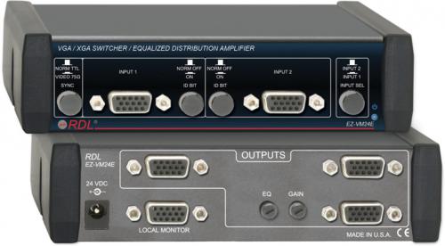 Radio Design Labs EZ-VM24E VGA/XGA Switcher/Equalized Distribution Amp - 2 Inputs, 4 Outputs; Inputs and Outputs on HD15 Female Connectors; Two Front-Panel Switch-Selectable Inputs; Wide RGB Bandwidth > 400 MHz Loaded; High Resolution Compatibility VGA through QXGA; Dimensions (HxWxD): 5.75 x 5
