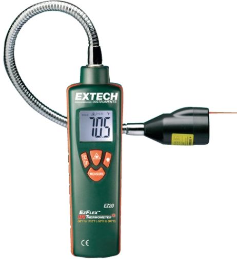 Extech EZ20 EzFlex InfraRed Thermometer, Non-contact temperature measurement from -58 to 1100F (-50 to 600C), 16-Inch (406mm) flexible probe provides easy access for difficult to reach locations, Large LCD display with backlighting, Built-in laser pointer to improve aim, F/C switchable, UPC 793950510209 (EZ-20 EZ 20)