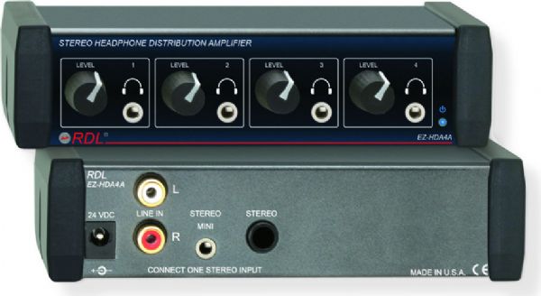 RDL EZ-HDA4A Series EZ Stereo Headphone Distribution Amplifiers To 4 Front Panel Outputs; One stereo input to four stereo outputs; Unbalanced inputs on rear panel; Input on MINI, 0.25